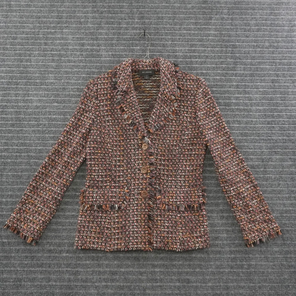 St. John Blazer Women 10 Multi-Color Fringe Trim Metallic Knit Tweed Jacket